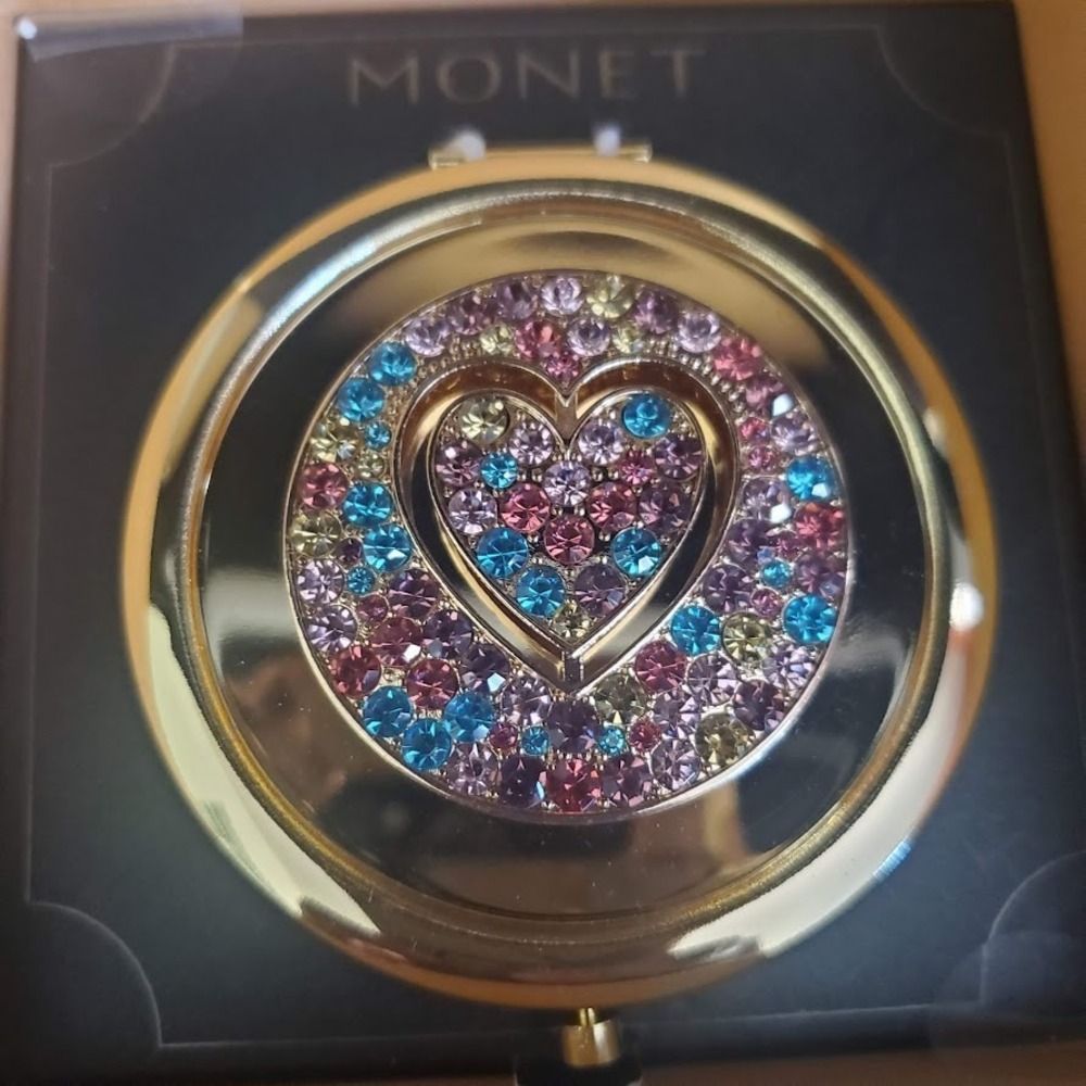 Monet Mirror Compact Purple Blue Yellow Crystal Heart‎ Gold Tone Purse Accessory